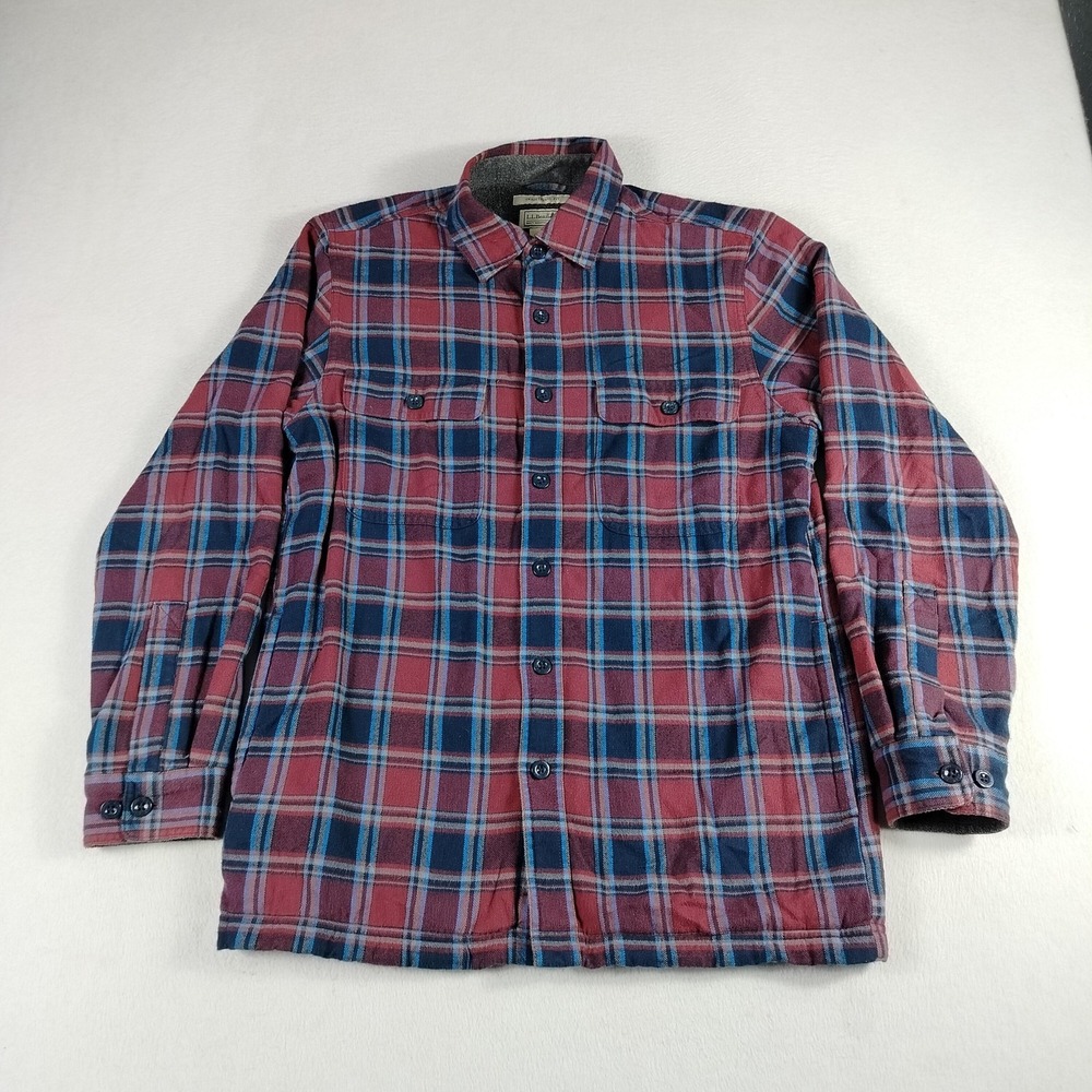 LL Bean Shirt Jacket Mens Small Red Blue Plaid Flannel Fleece Lined Outdoor